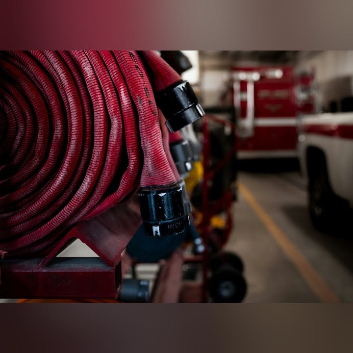 Coiled fire hoses in a fire station with blurred fire trucks in the background.
