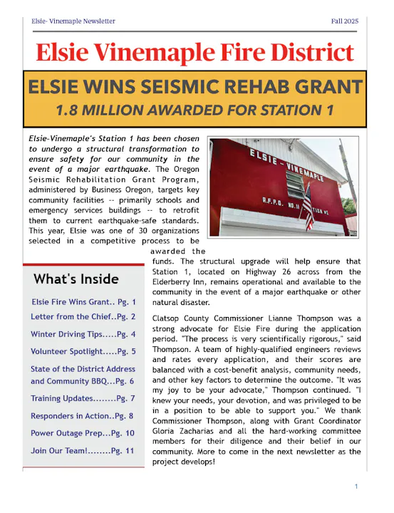 Elsie Vinemaple Fire District receives a $1.8 million grant for seismic upgrades to Station 1, enhancing earthquake safety.