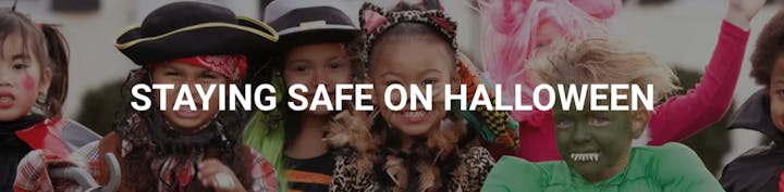 Children in Halloween costumes with text "STAYING SAFE ON HALLOWEEN."