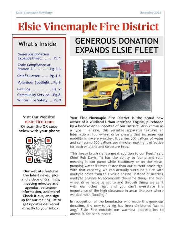 Newsletter about Elsie Vinemaple Fire District.