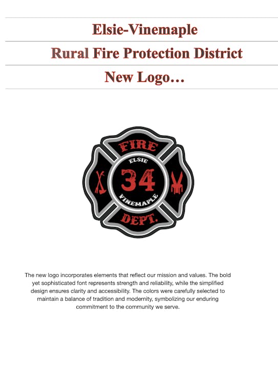 The image displays a document presenting the new logo for the Elsie-Vinemaple Rural Fire Protection District.