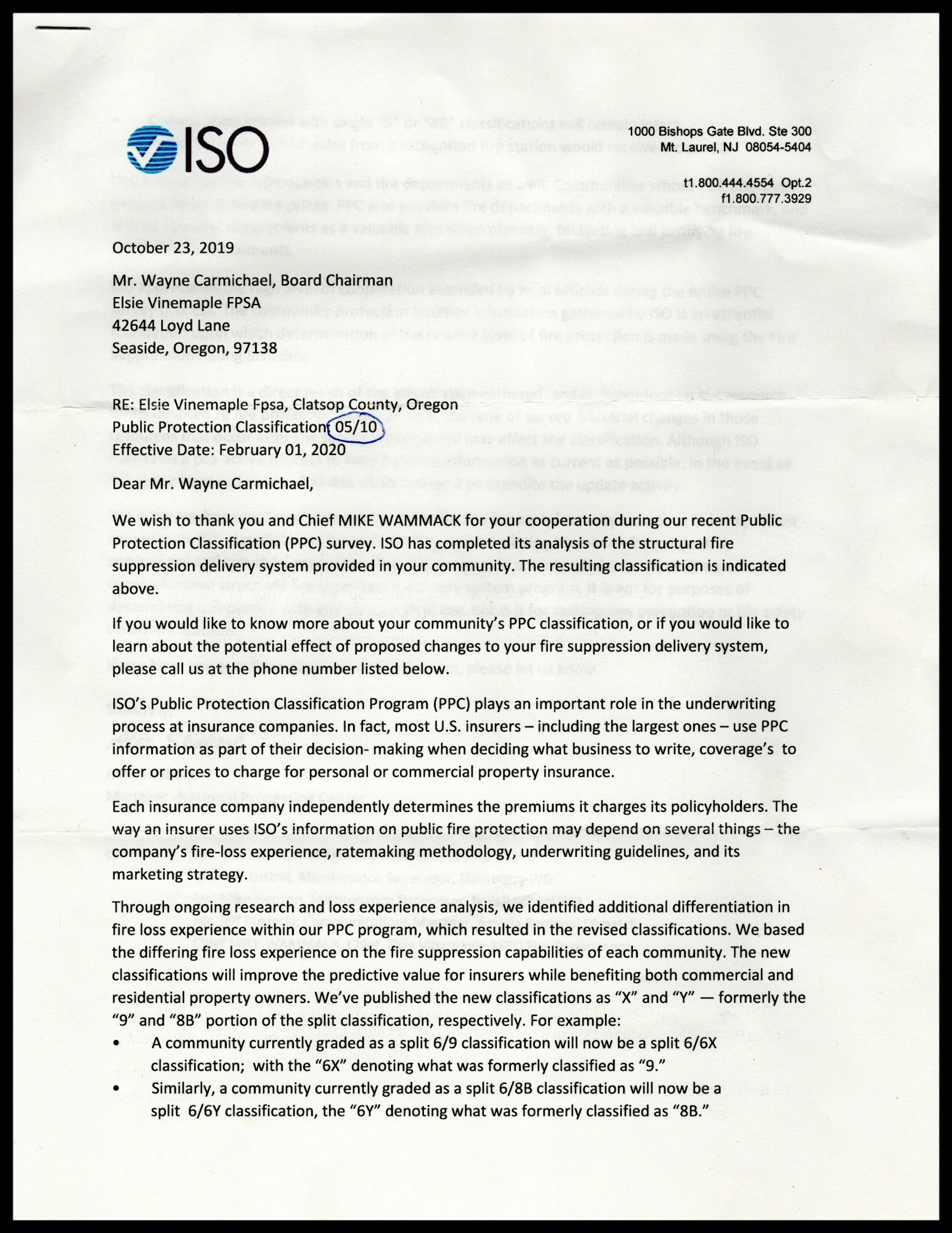 It's a letter from ISO about Public Protection Classification reflecting fire suppression capabilities and its potential effect on insurance premiums.