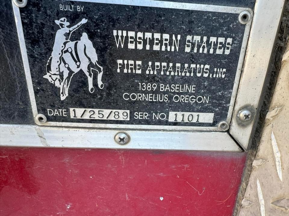 Plaque showing "Western States Fire Apparatus, Inc", address, build date 1/25/89, and serial number, with a cowboy logo.