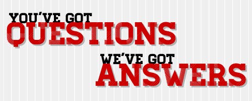 Text in contrasting red and gray, "You've got questions, we've got answers", on a striped background.