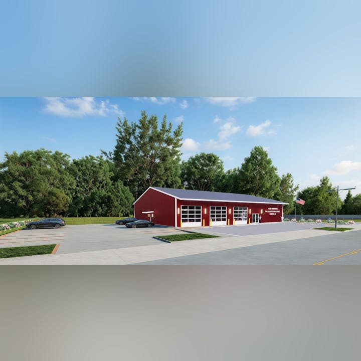 A small fire station with three garage doors, parked cars, trees in the background, and a flagpole in front.