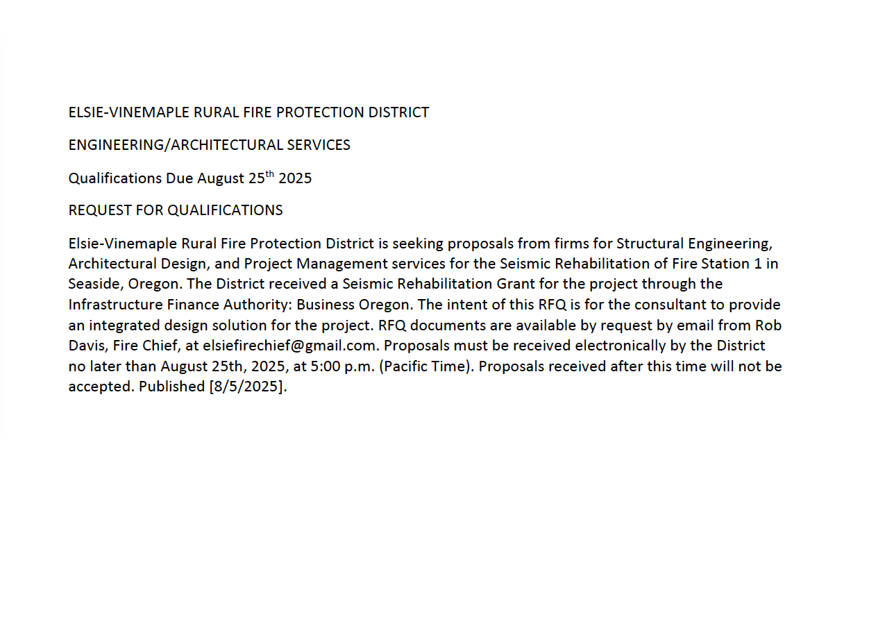 RFQ for engineering services on seismic rehabilitation of Fire Station 1, Seaside, Oregon. Deadline: Aug 25, 2025.