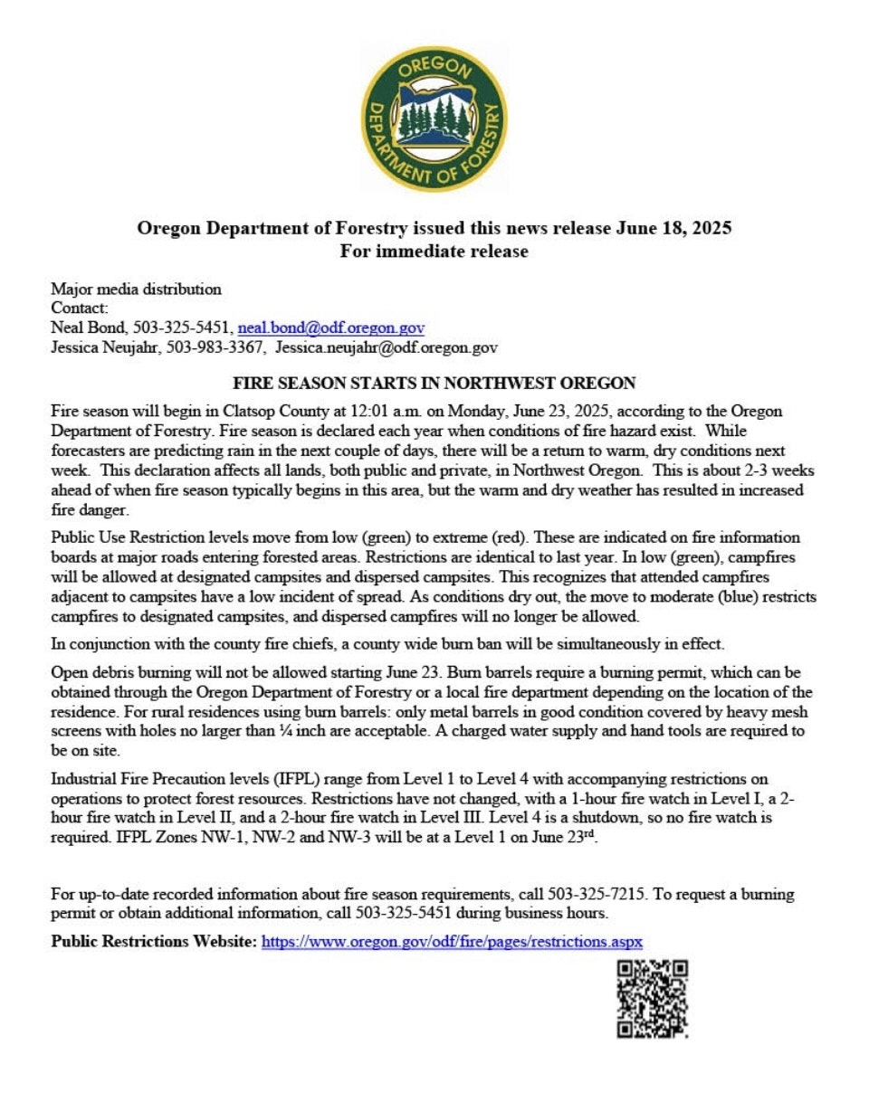 Oregon Dept. of Forestry announces fire season in NW Oregon from June 23, 2025, with restrictions and precautions due to dry conditions.