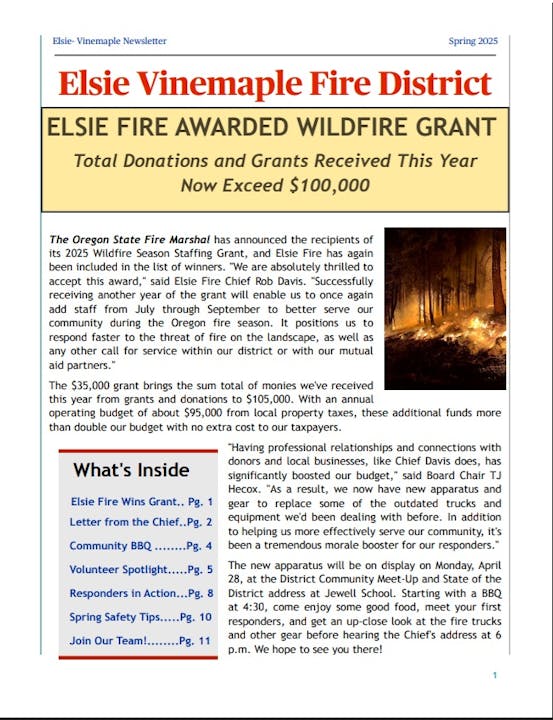 Elsie Vinemaple Fire District awarded wildfire grant; total funds exceed $100,000. New equipment displayed April 28, BBQ at 4:30.