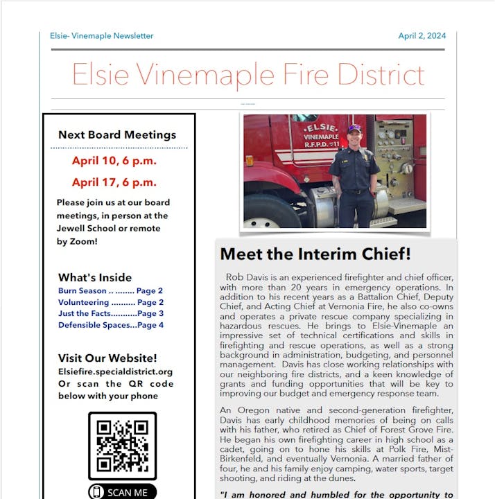A newsletter about Elsie-Vine maple Fire District with a photo of a firefighter and articles on meetings, volunteering, and fire safety.