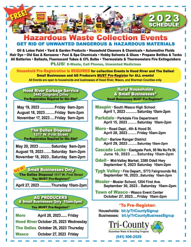 The image details a 2023 schedule for hazardous waste collection events, including dates, locations, and registration info.