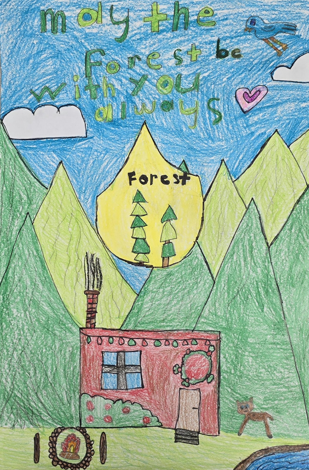 Child's drawing: house, mountains, trees, bluebird with "may the forest be with you always" message.