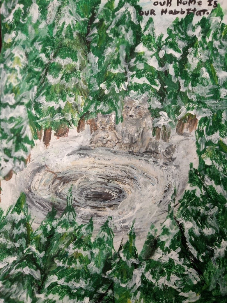 Painting of a forest with snow-covered trees, two wolves, and the text "Our home is our habitat."