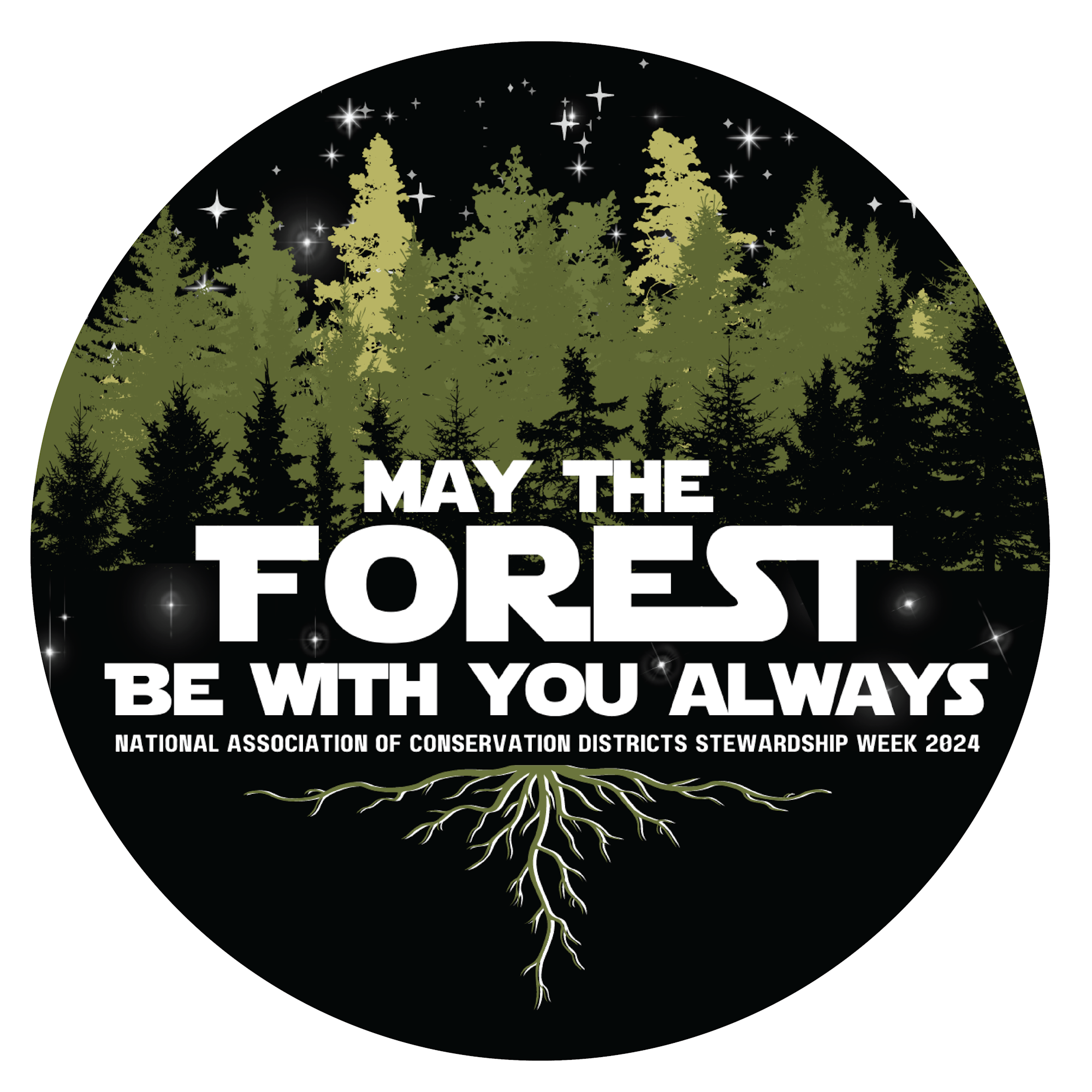 A graphic with trees, stars, and the text "May the forest be with you always" for a conservation event.