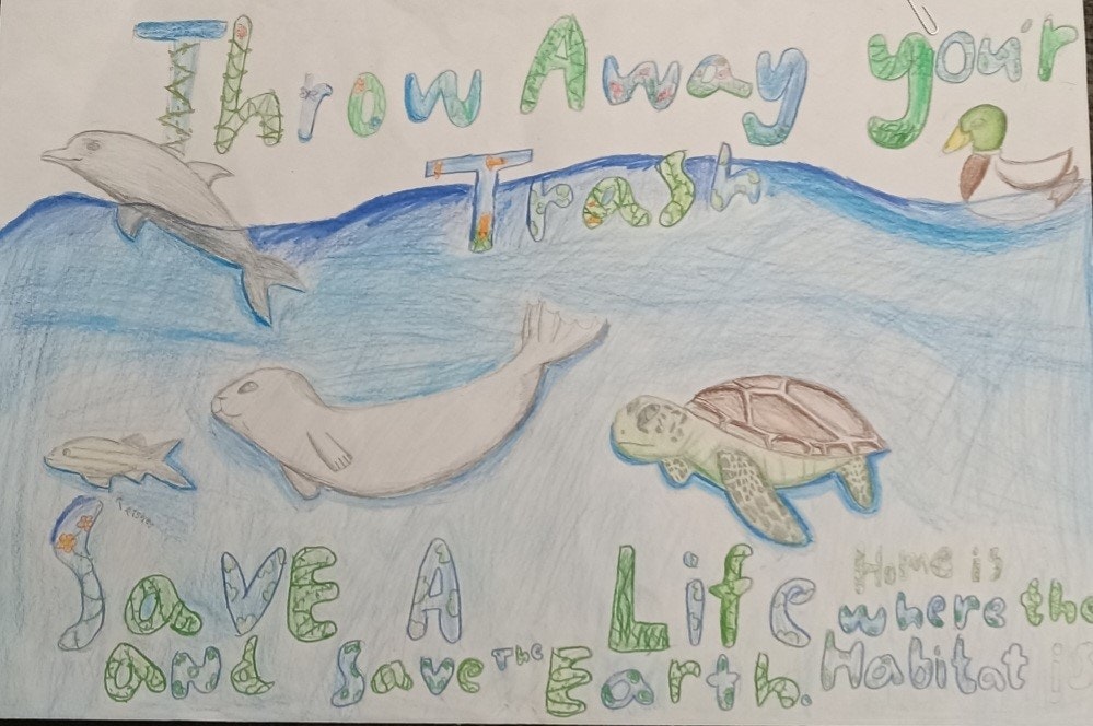 Illustrated message: "Throw away your trash, save a life and save the Earth." Featuring dolphins, a seal, and a turtle.