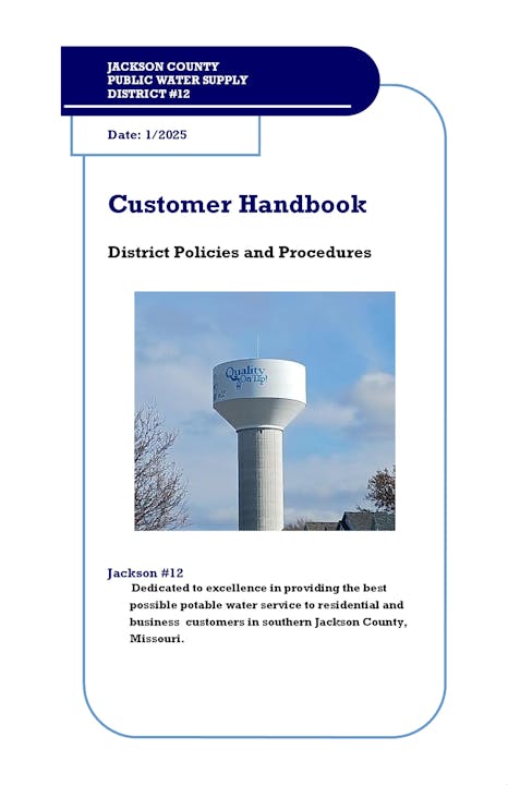 Customer handbook cover for Jackson County Public Water Supply, District #12, with water tower image and service dedication.