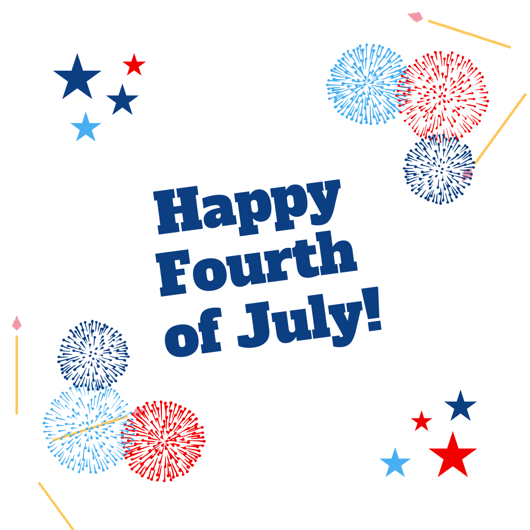 Text "Happy Fourth of July!" with red, white, and blue fireworks and stars.