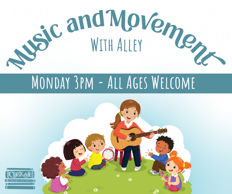 Illustration of a music session with children and an adult playing guitar. Text: "Music and Movement with Alley, Monday 3pm - All Ages Welcome."