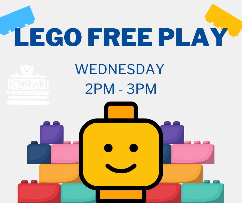 "Lego Free Play, Wednesday 2 PM - 3 PM" with colorful toy bricks and a Lego head.