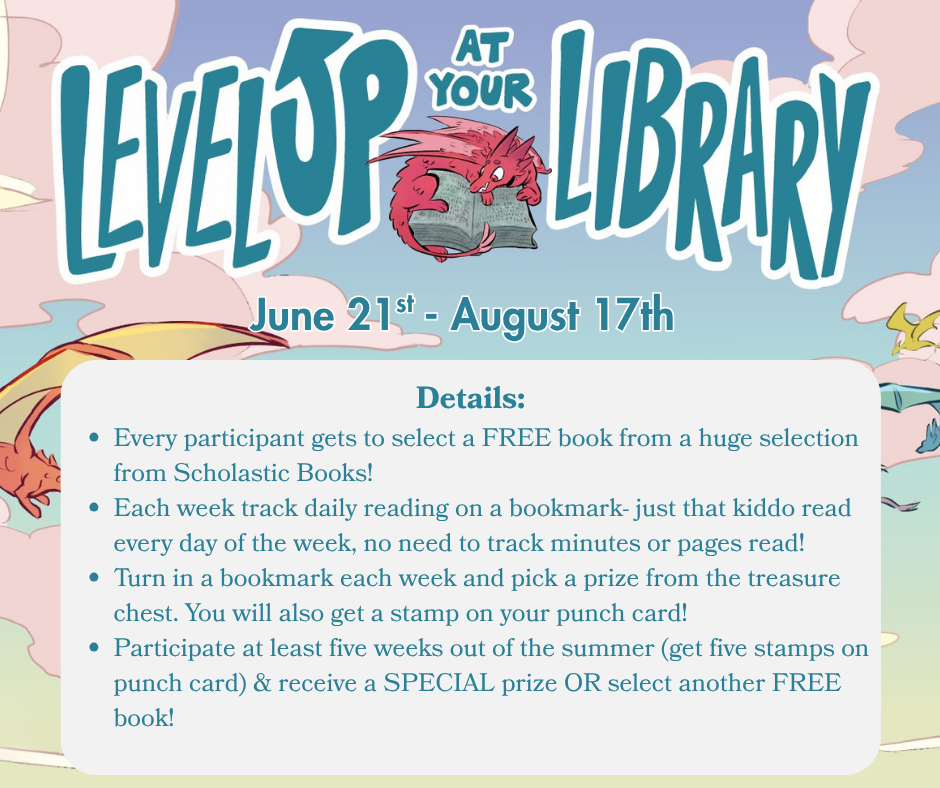 Summer reading program (June 21-Aug 17) offers free books, prizes for reading, and special prizes for 5-week participation.