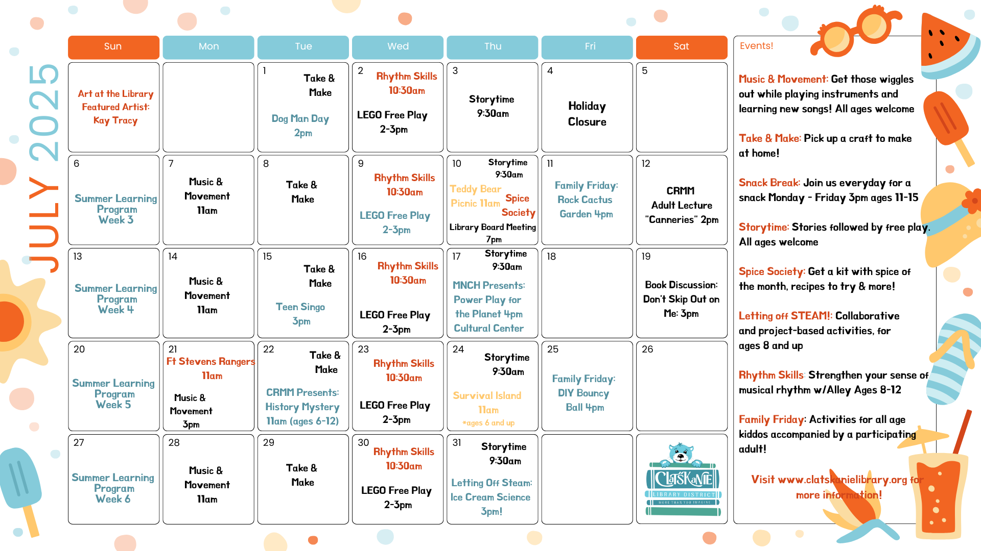 July 2025 library events calendar with activities like Music & Movement, Rhythm Skills, Storytime, and more.
