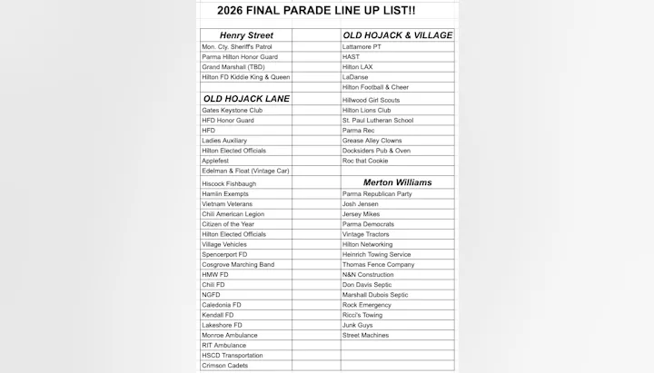 The image shows the 2026 final parade lineup, listing organizations and participants by locations including Henry Street, Old Hojack Lane, and Merton Williams.