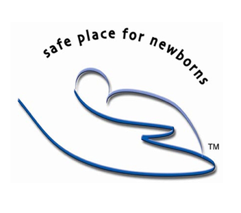 Line art of a person cradling a baby, with "safe place for newborns" text above.