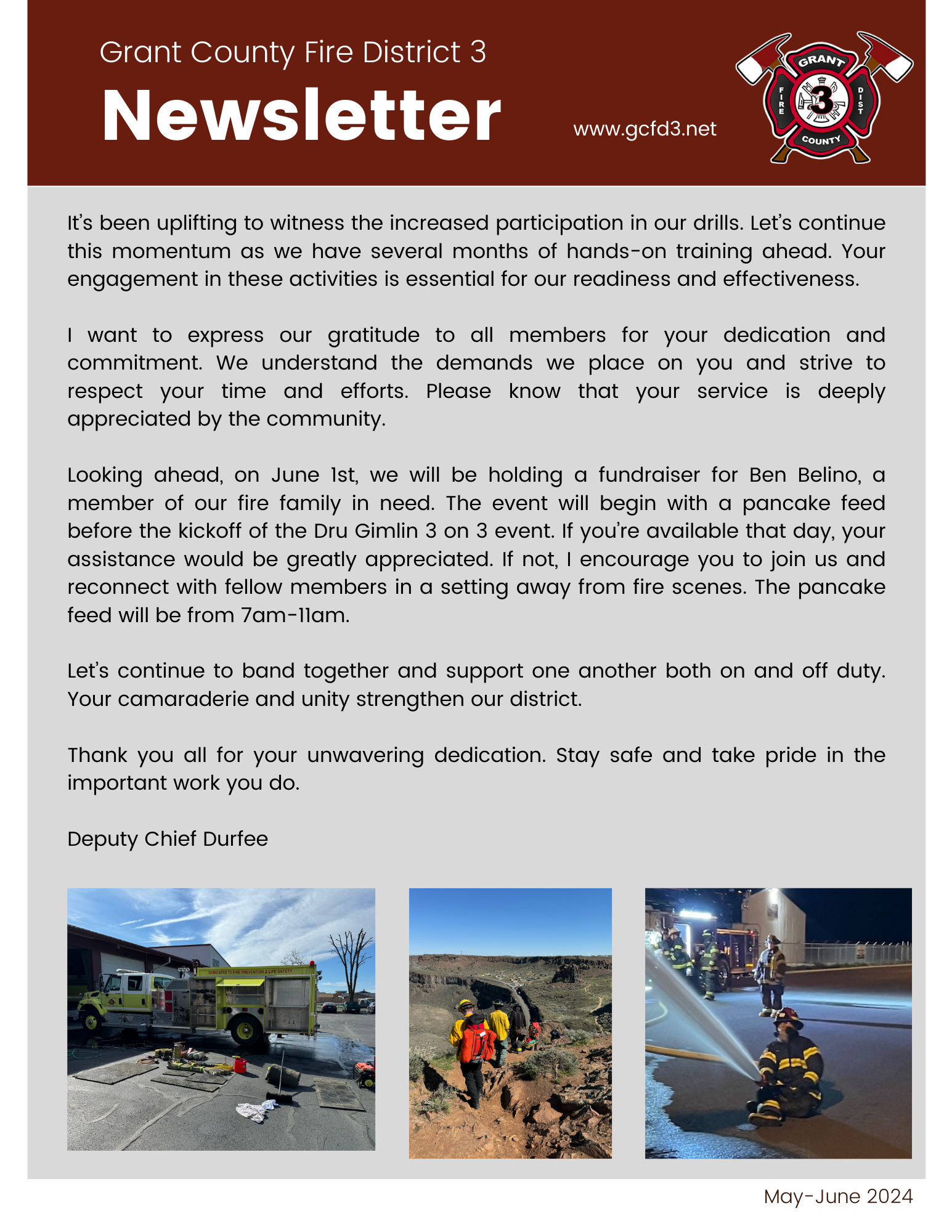 Grant County Fire District 3 newsletter with updates, gratitude, and info on a June 1st fundraiser with a pancake feed for a member in need.
