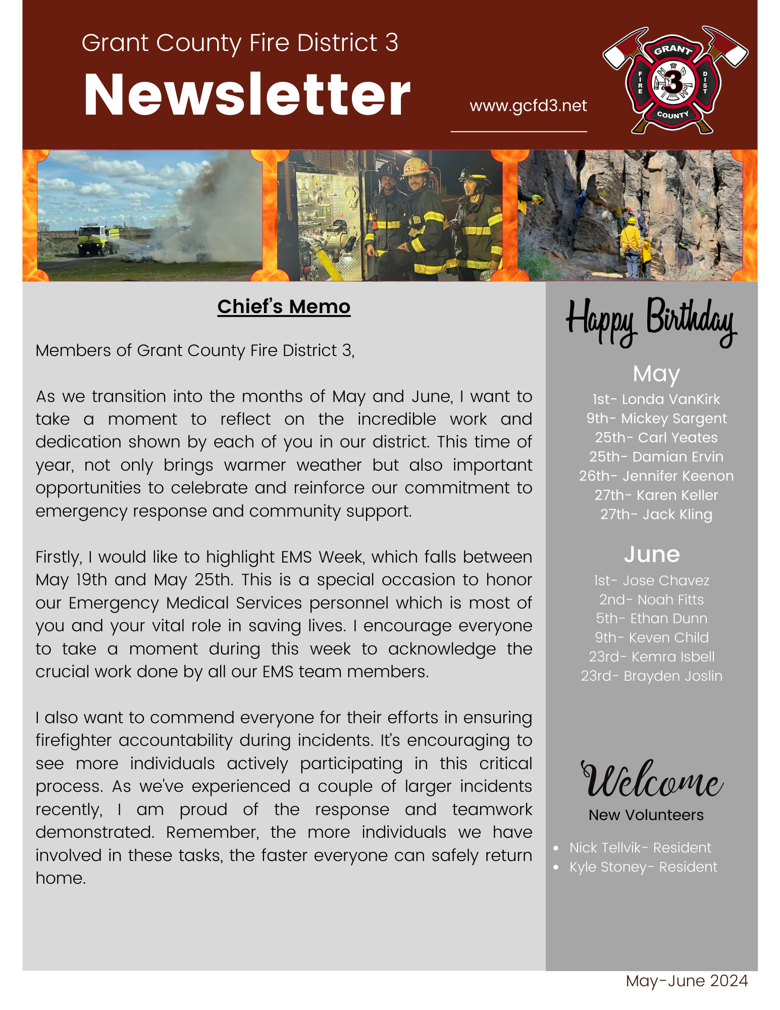 Grant County Fire District 3 newsletter with a memo, birthdays, and new volunteer welcome. May-June 2024 edition.