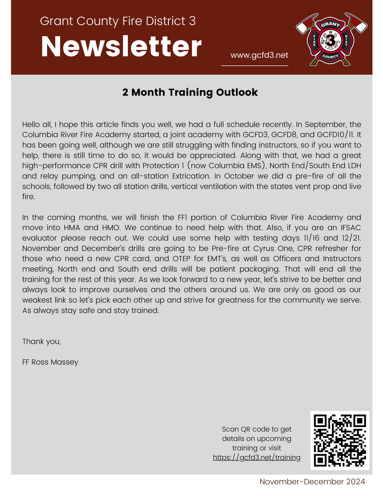 Grant County Fire District 3 newsletter outlines training updates and future drills for firefighting and CPR.