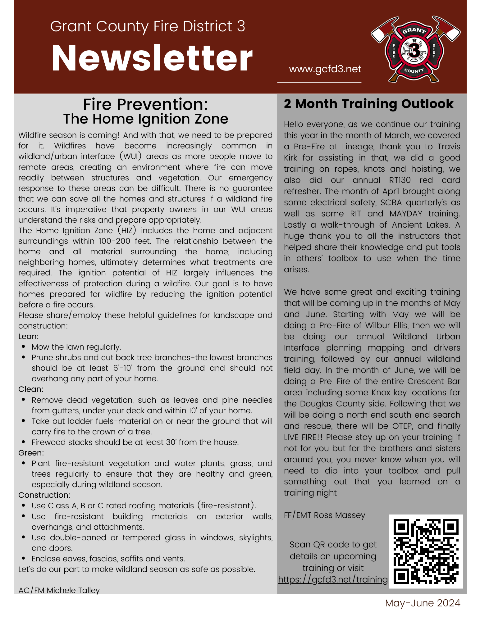 Grant County Fire District 3 newsletter: fire prevention tips, training outlook, upcoming training events, and safety measures.