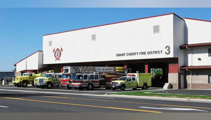Fire station with several fire trucks at Grant County Fire District 3.