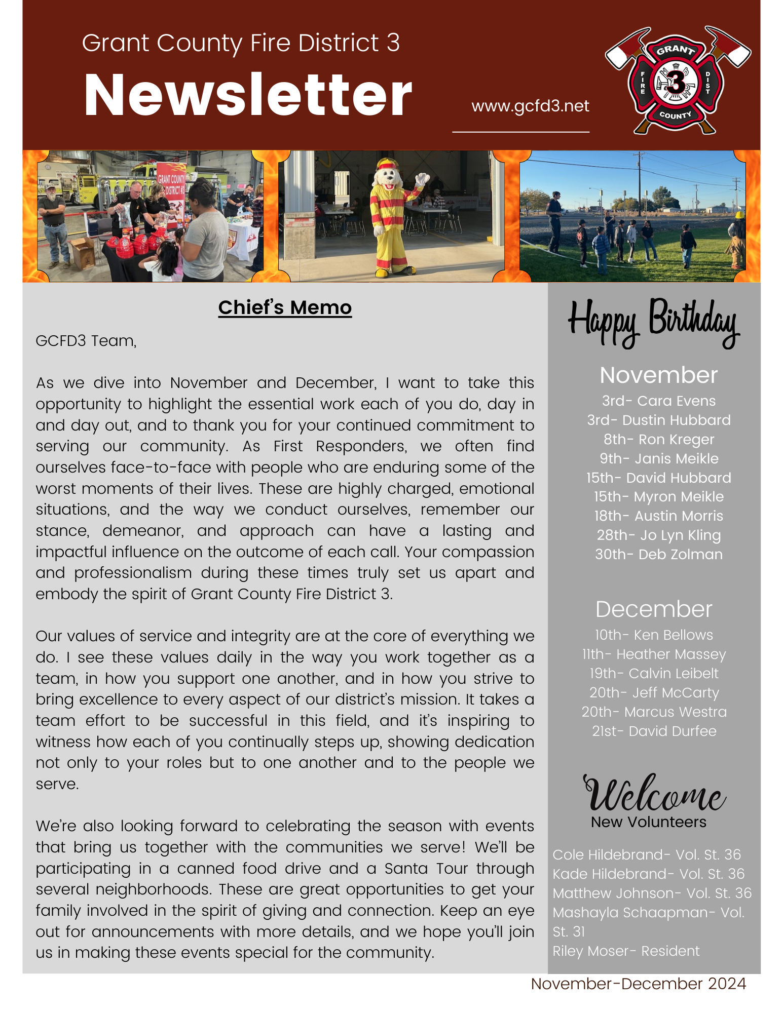 Grant County Fire District 3 newsletter with a memo, birthday and new volunteer lists, and upcoming events for Nov-Dec 2024.