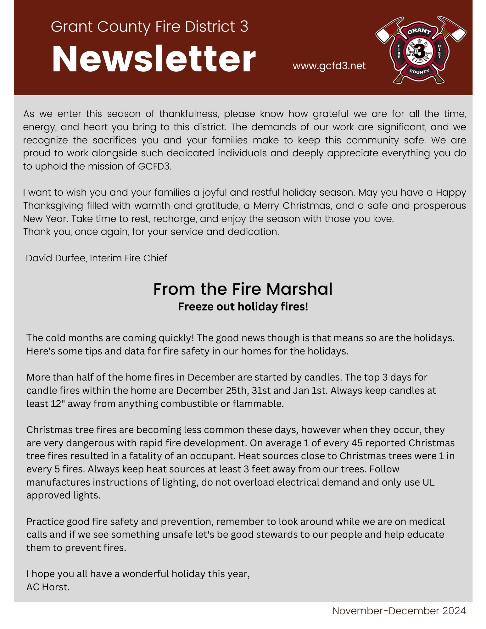 Grant County Fire District 3 newsletter with holiday fire safety tips, seasonal greetings, and fire prevention advice for December.