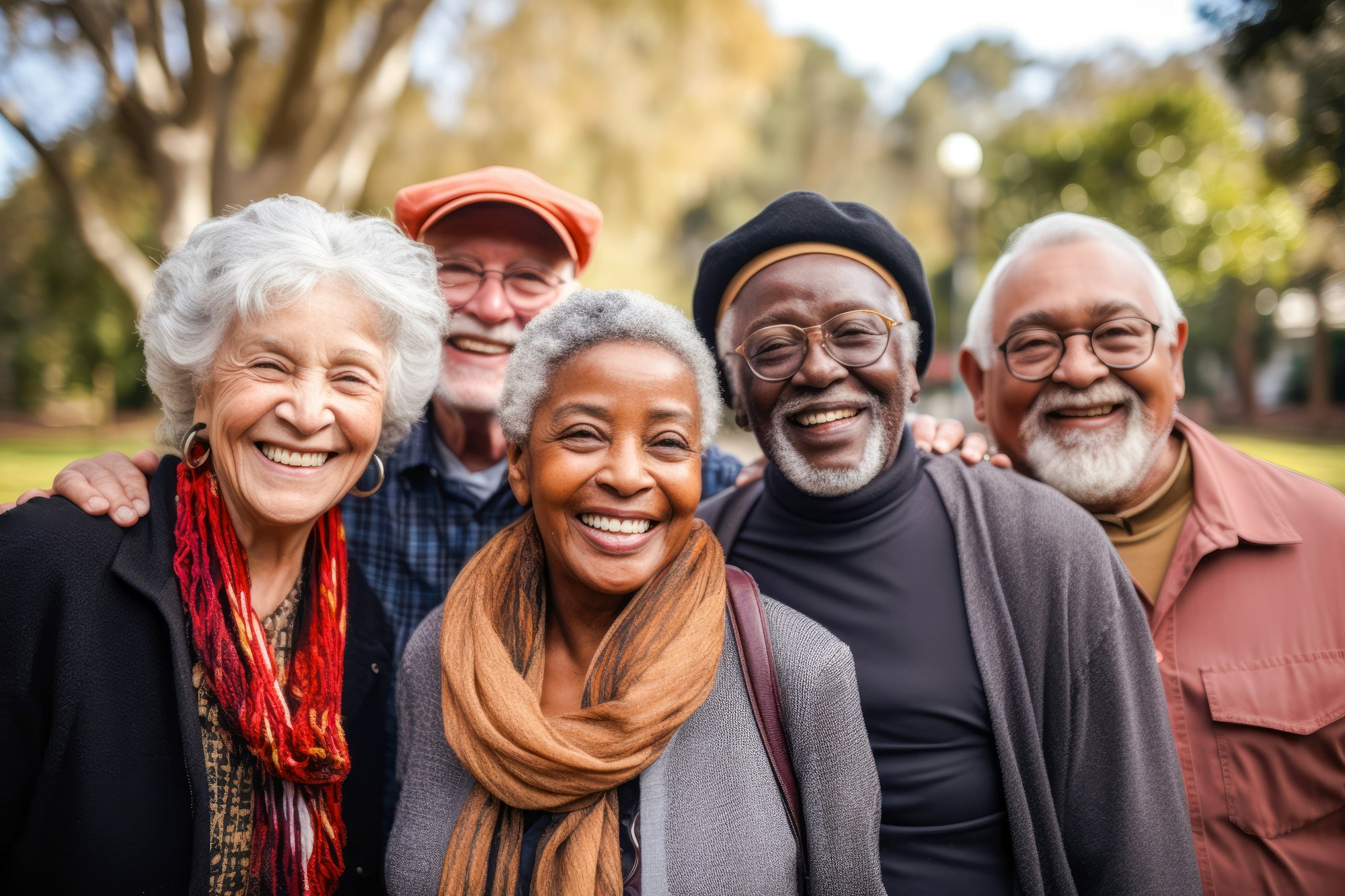 A group of five smiling elderly friends standing closely together outdoors with trees in the background.