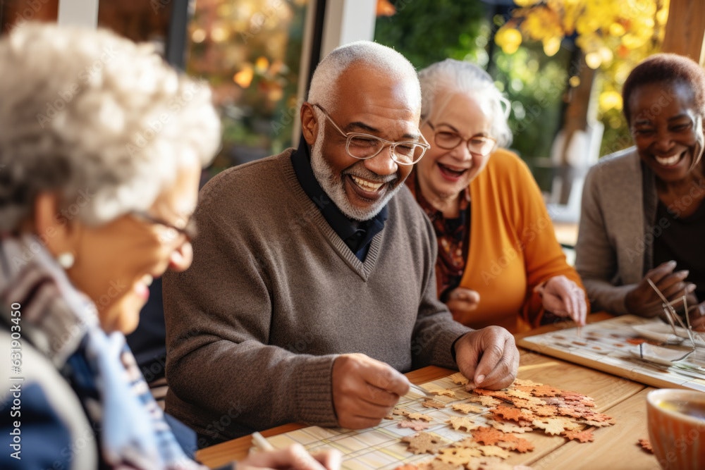 A group of elderly people laughing and playing a board game with leaves on the table.