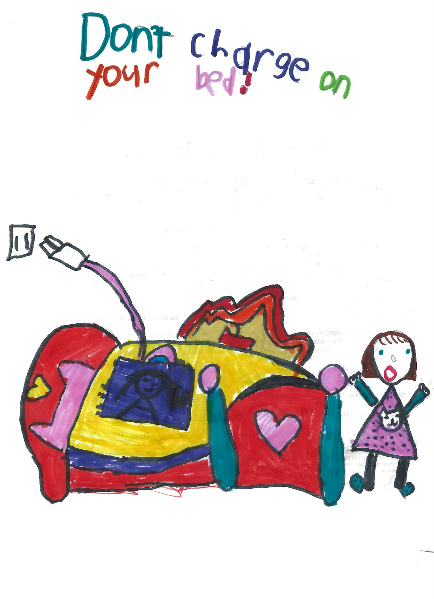 A colorful drawing warning not to charge devices on a bed, featuring a girl in a dress and a bed with a playful design.