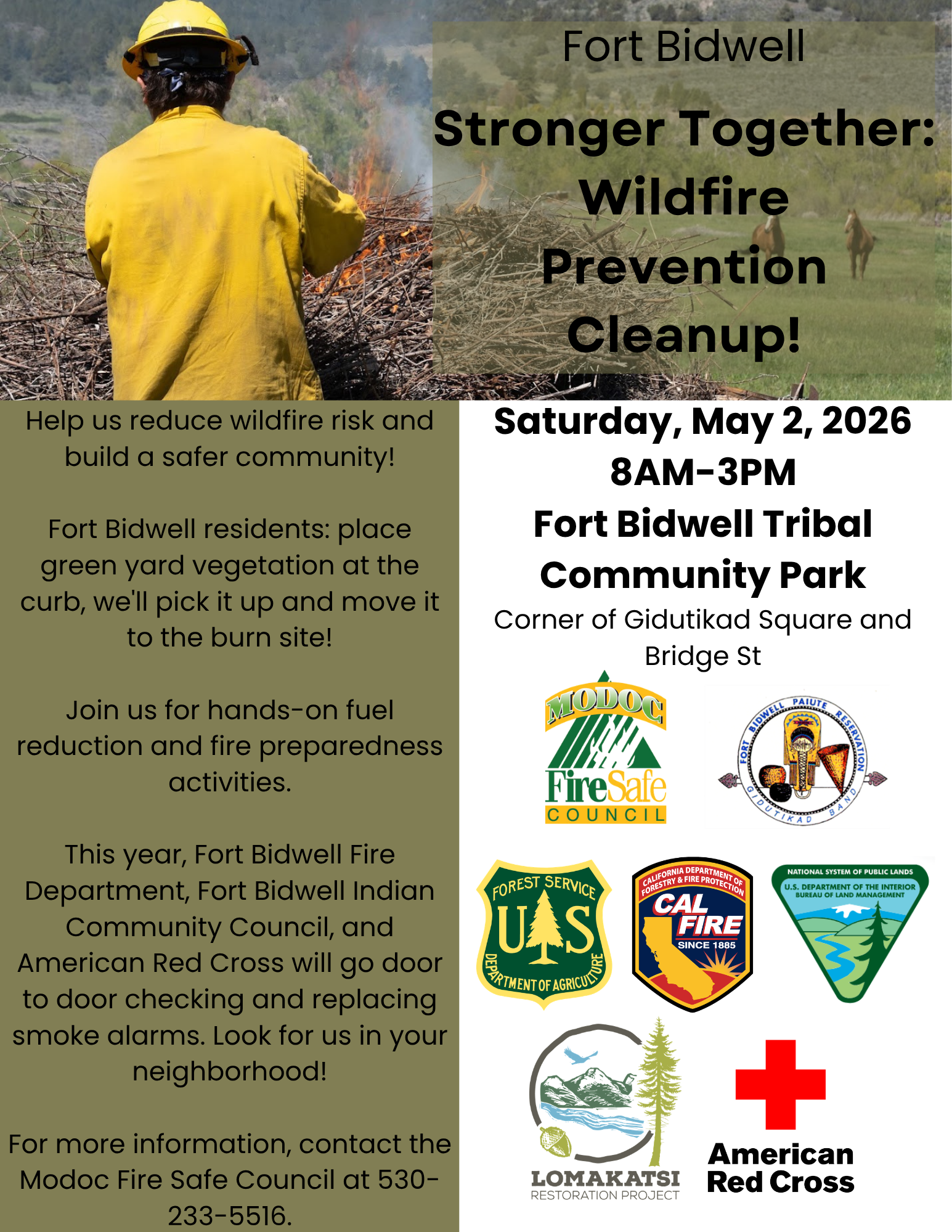 Fort Bidwell hosts a wildfire prevention cleanup on May 2, 2026, from 8 AM to 3 PM. Community participation encouraged!