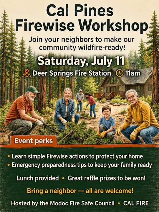 Cal Pines Firewise Workshop on July 11 at Deer Springs Fire Station. Learn wildfire readiness tips, enjoy lunch, and win prizes!