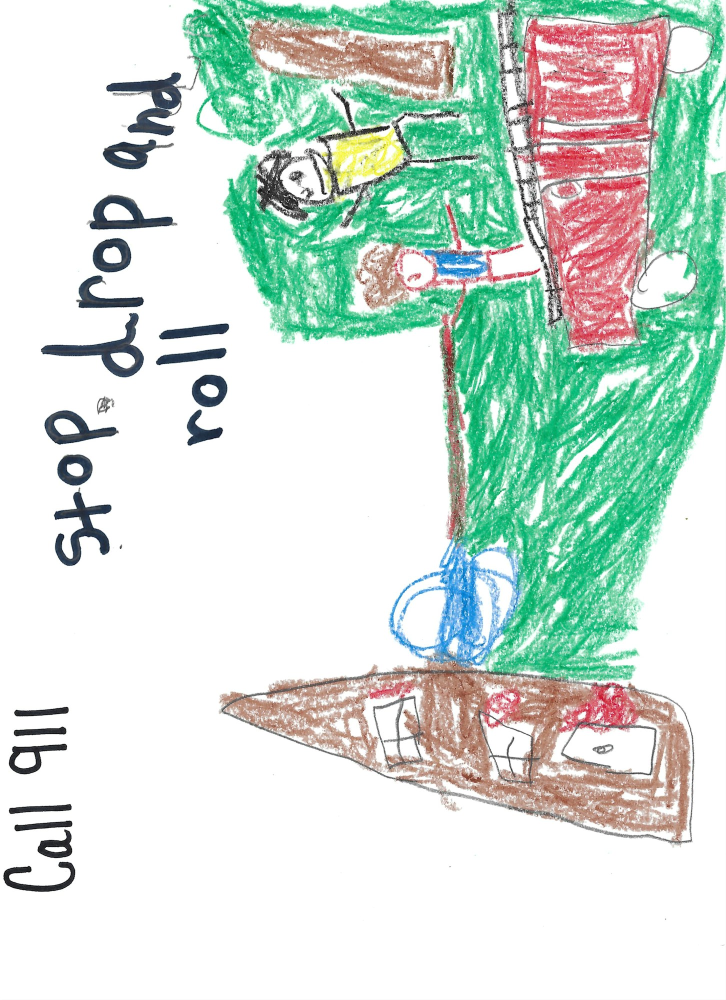 A child's drawing showing figures and the phrases "stop, drop, and roll" and "Call 911," likely illustrating fire safety.