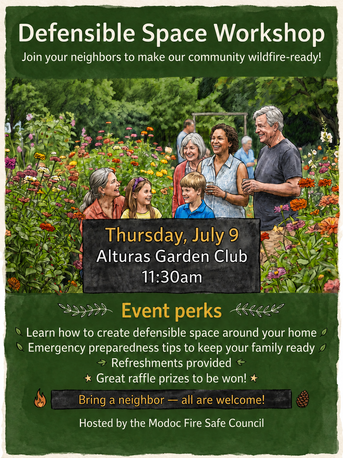 Join a Defensible Space Workshop on July 9 at Alturas Garden Club to prepare for wildfires. Refreshments and raffles included!