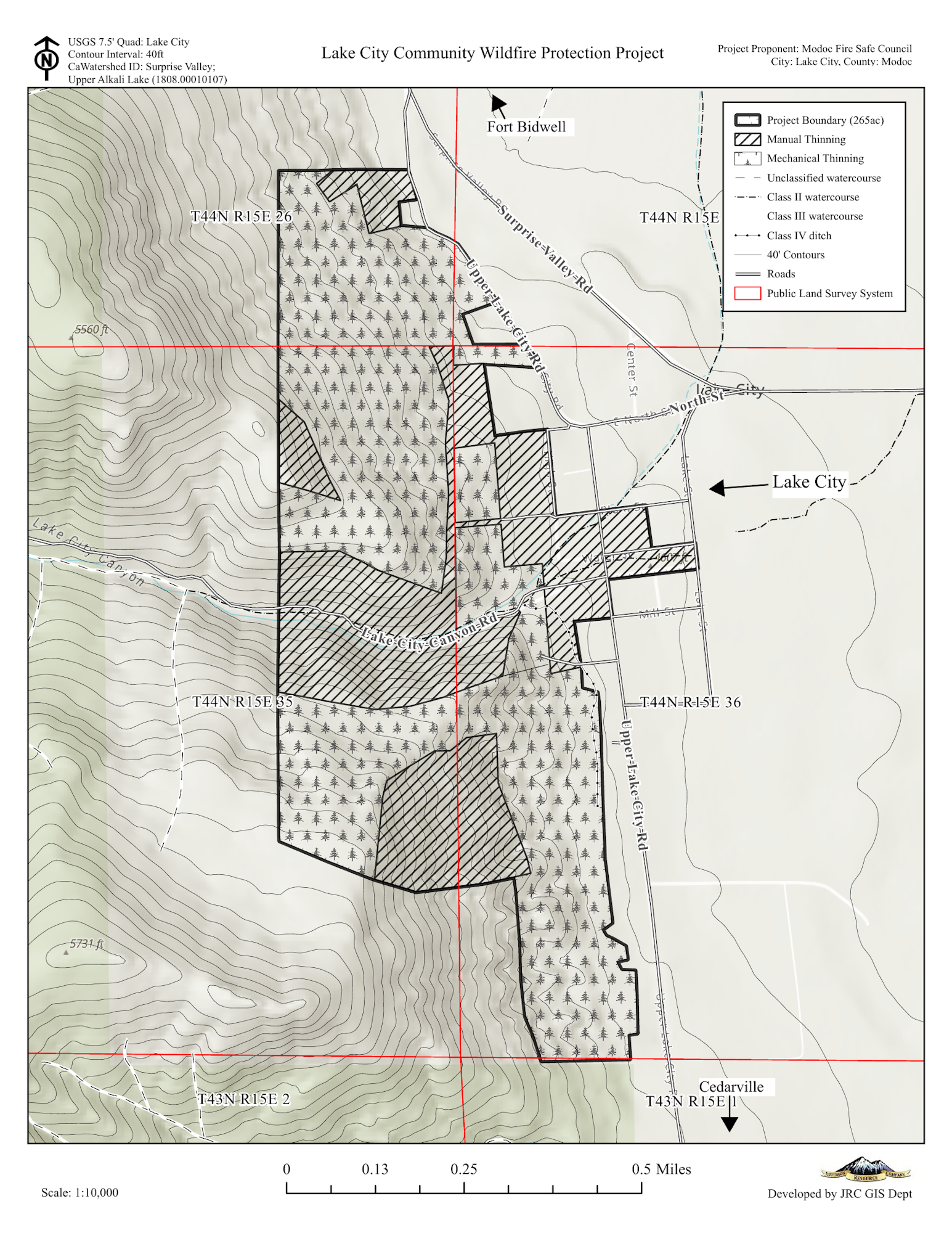 Map of Lake City, showing wildfire protection project areas with contour lines, watercourses, and land classifications.
