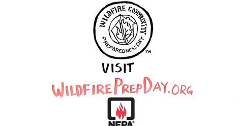 Wildfire Community Preparedness Day logo, "Visit WildfirePrepDay.org," with NFPA logo.
