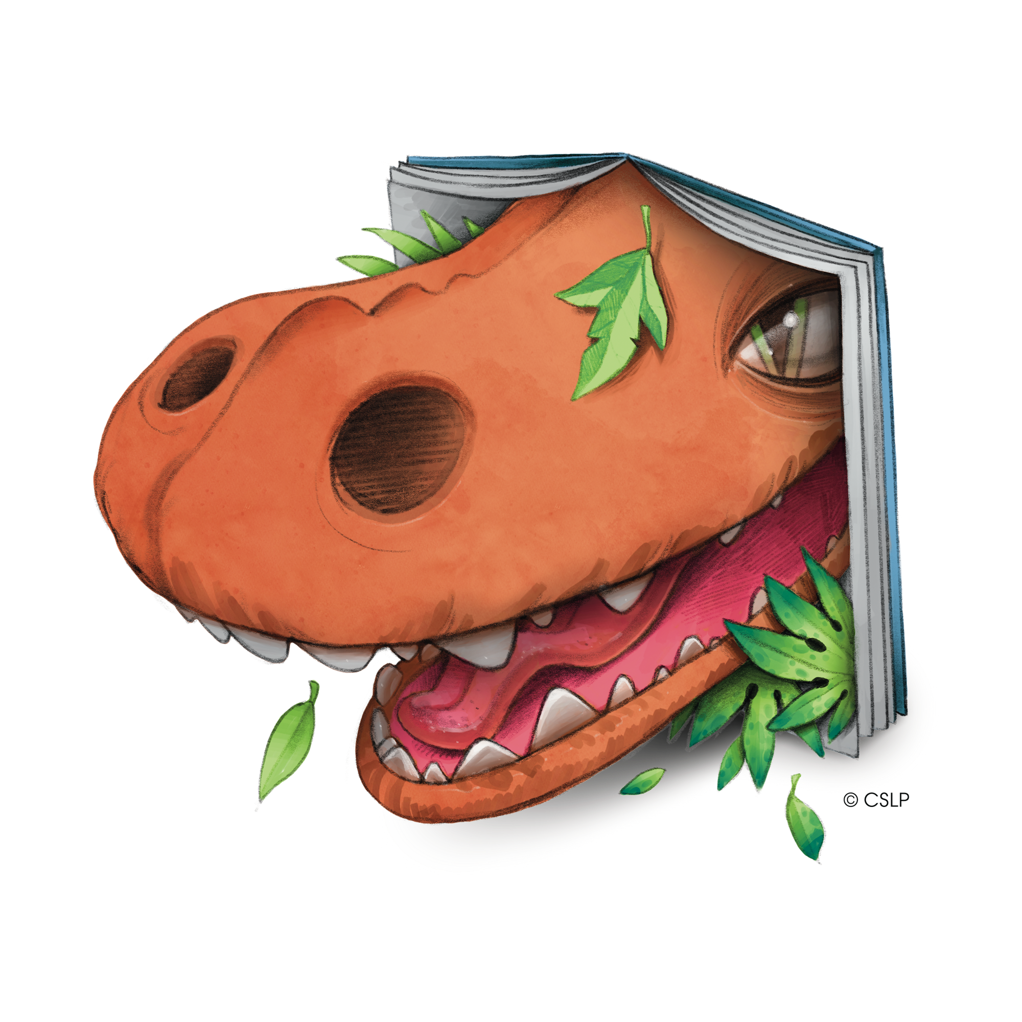 A whimsical dinosaur head with a book as its top, surrounded by green leaves, combining elements of nature and literature.