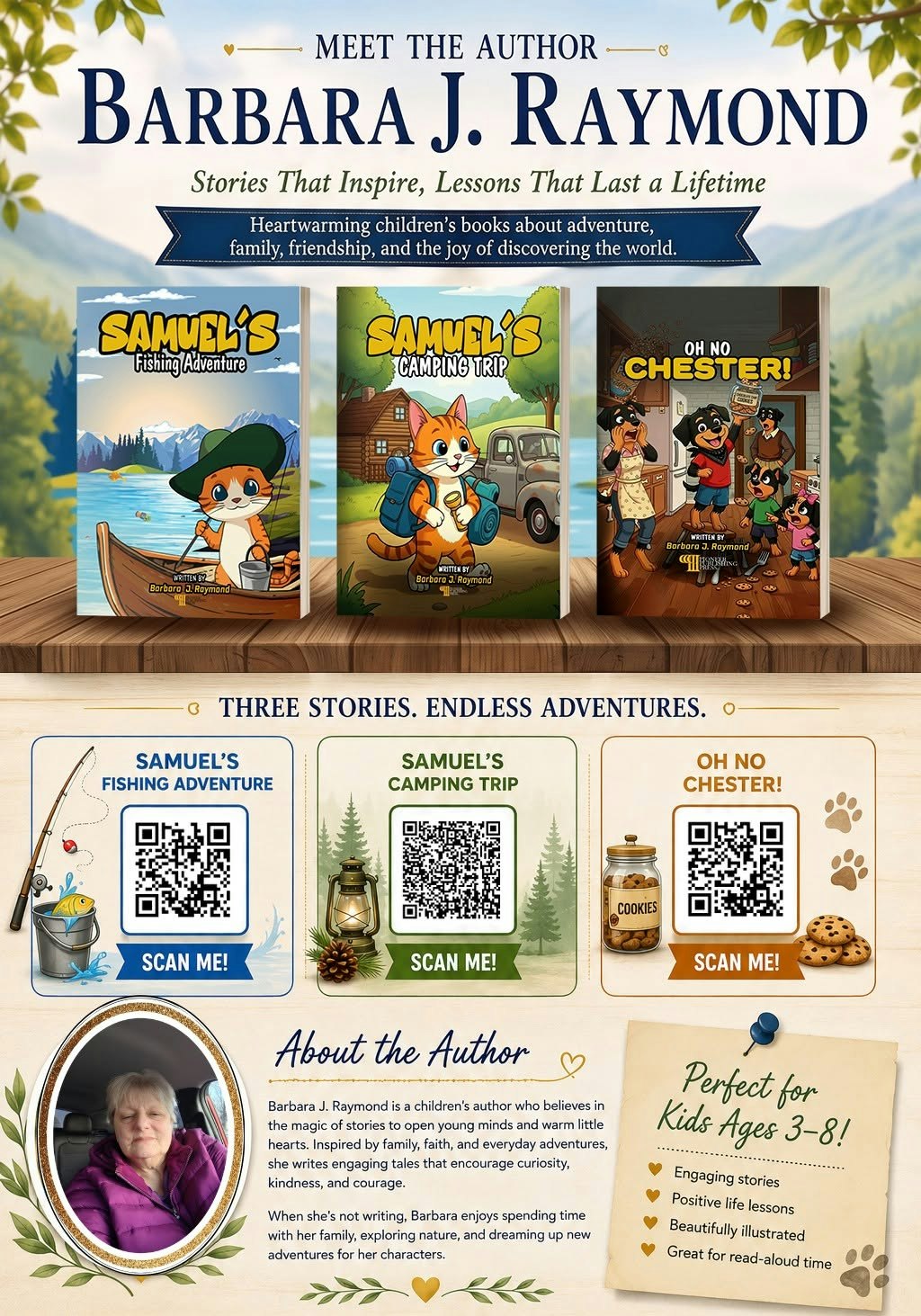 The image showcases author Barbara J. Raymond and her children's books: "Samuel's Fishing Adventure," "Samuel's Camping Trip," and "Oh No Chester!"