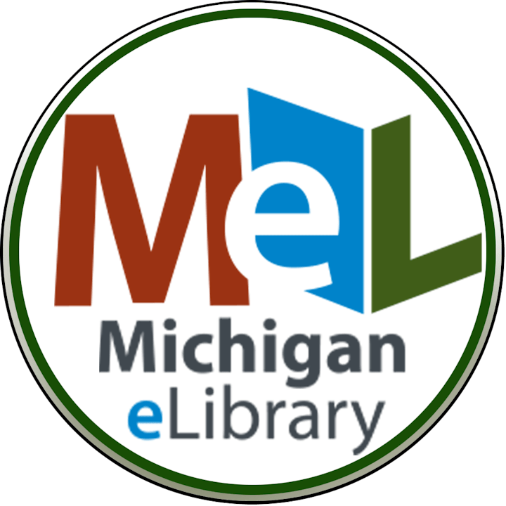 The image features the logo of the Michigan eLibrary (MeL), promoting digital library resources.