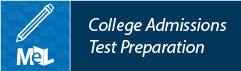 The image promotes college admissions test preparation, featuring a pencil graphic and the label "MeL."