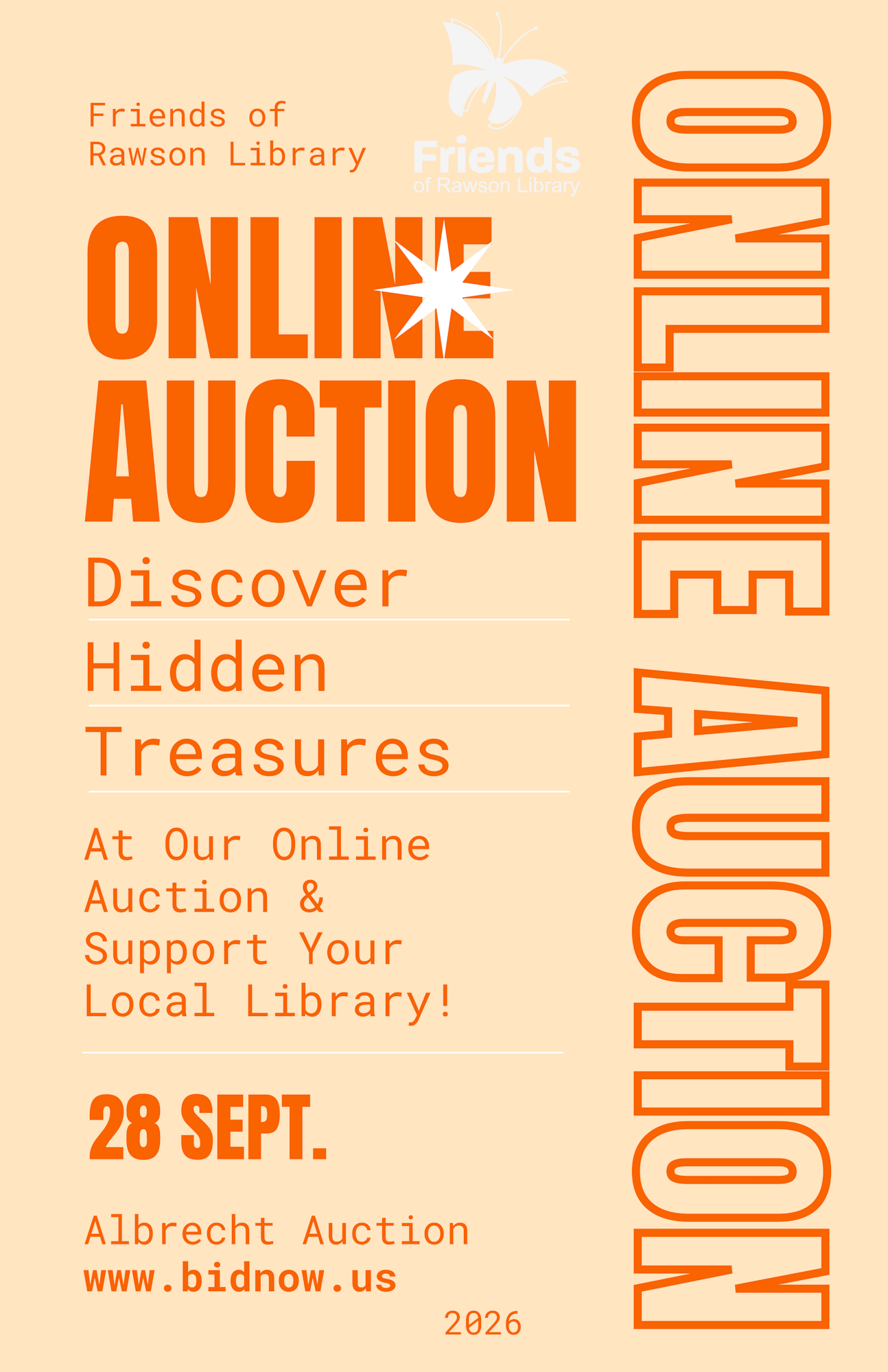 Announcement for an online auction by Friends of Rawson Library on September 28. Support your local library! Visit bidnow.us.