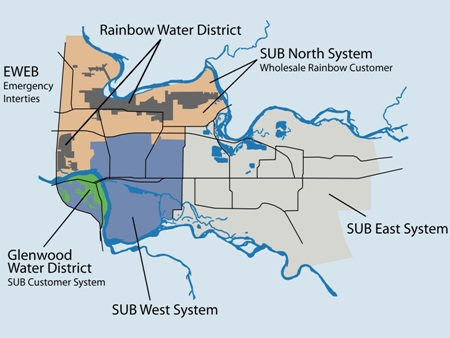 Outline map of Springfield area showing SUB and Rainbow service areas