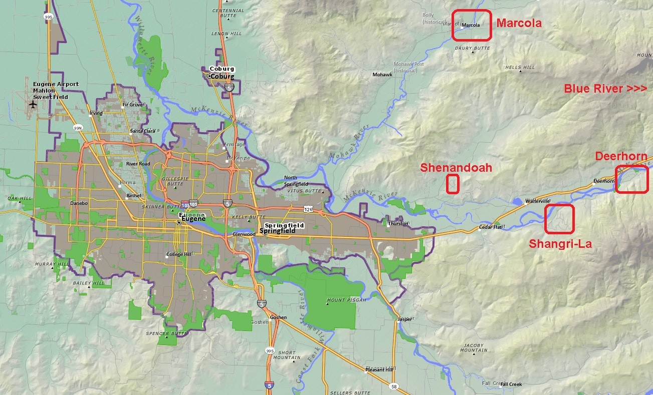 Map of Eugene-Springfield area with Mohawk and McKenzie valleys