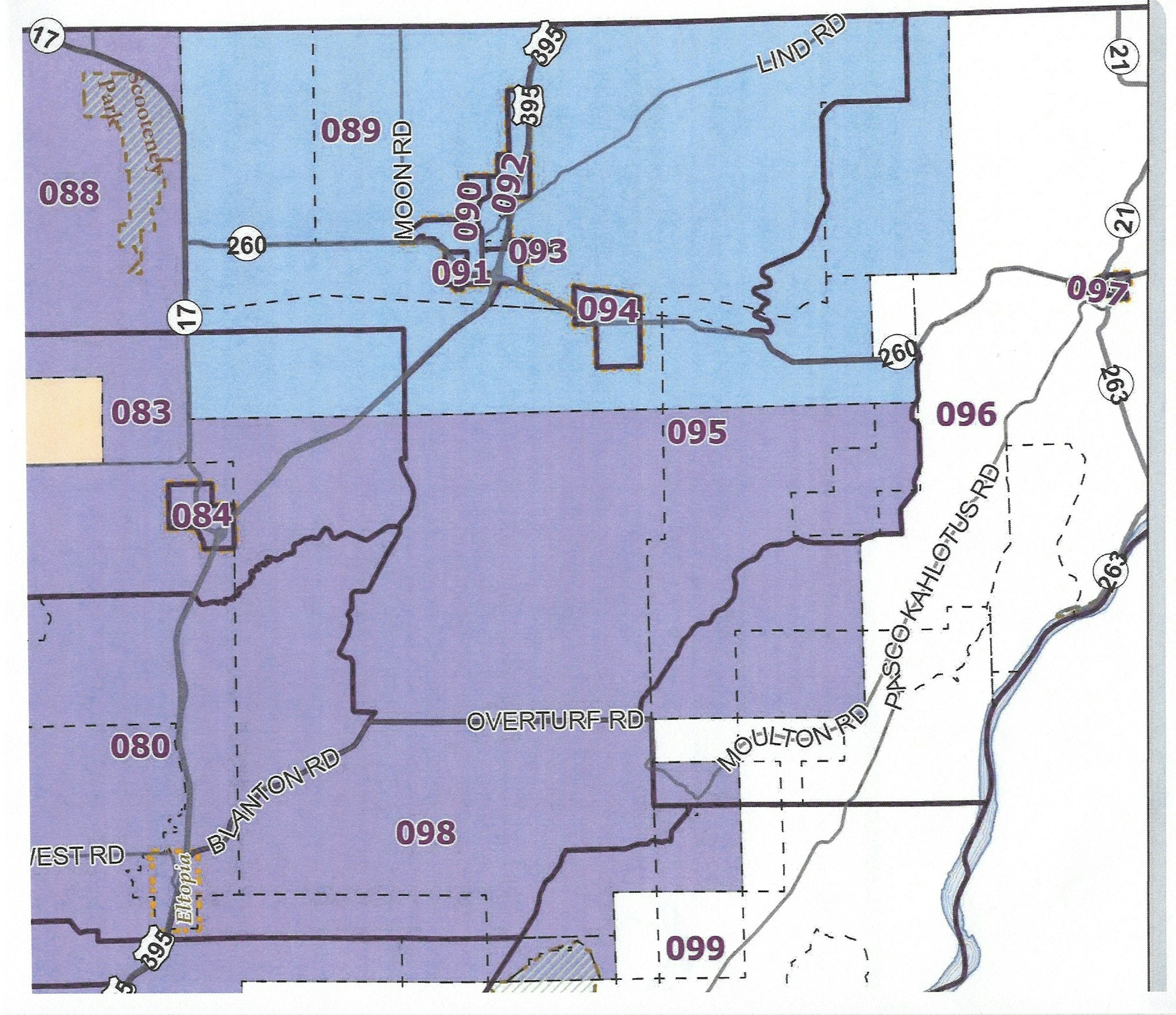 The image is a map showing various regions marked by numbers and color coding, with roads labeled.